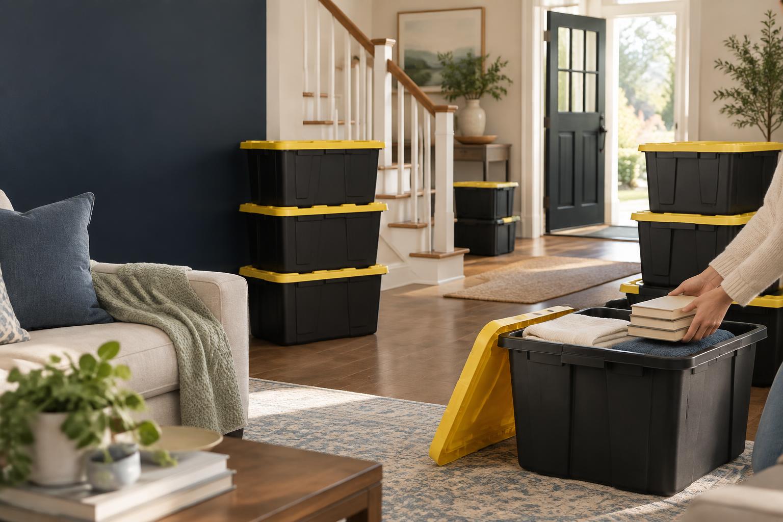 Black rental totes with yellow lids ready for packing in a bright Kentucky home
